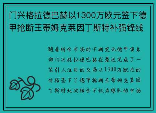 门兴格拉德巴赫以1300万欧元签下德甲抢断王蒂姆克莱因丁斯特补强锋线 门兴格拉德巴赫以1300万欧元签下德甲抢断王蒂姆克莱因丁斯特补强锋线